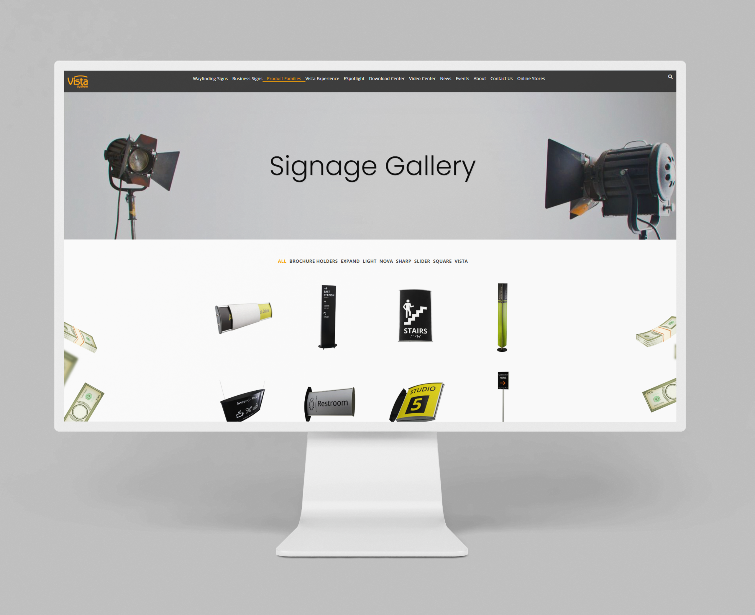 Free Vista System signage image library page with different product families and signage applications