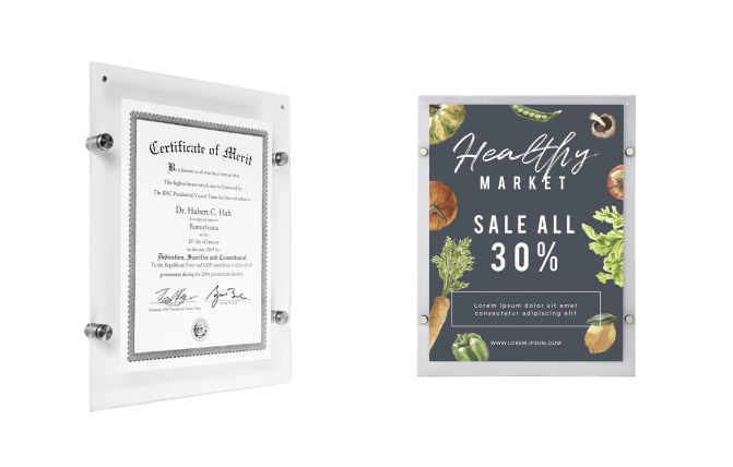 Two wall-mounted acrylic signs: one displays a certificate, and the other displays a market sale poster.