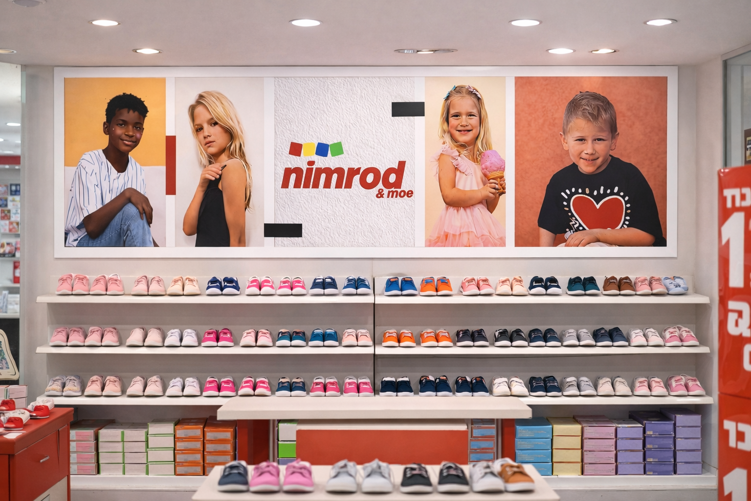 FAB80 one-sided fabric sign wall-mounted sign for Nimrod Shoes. The sign is installed inside the shoe store, hanging high on the wall.