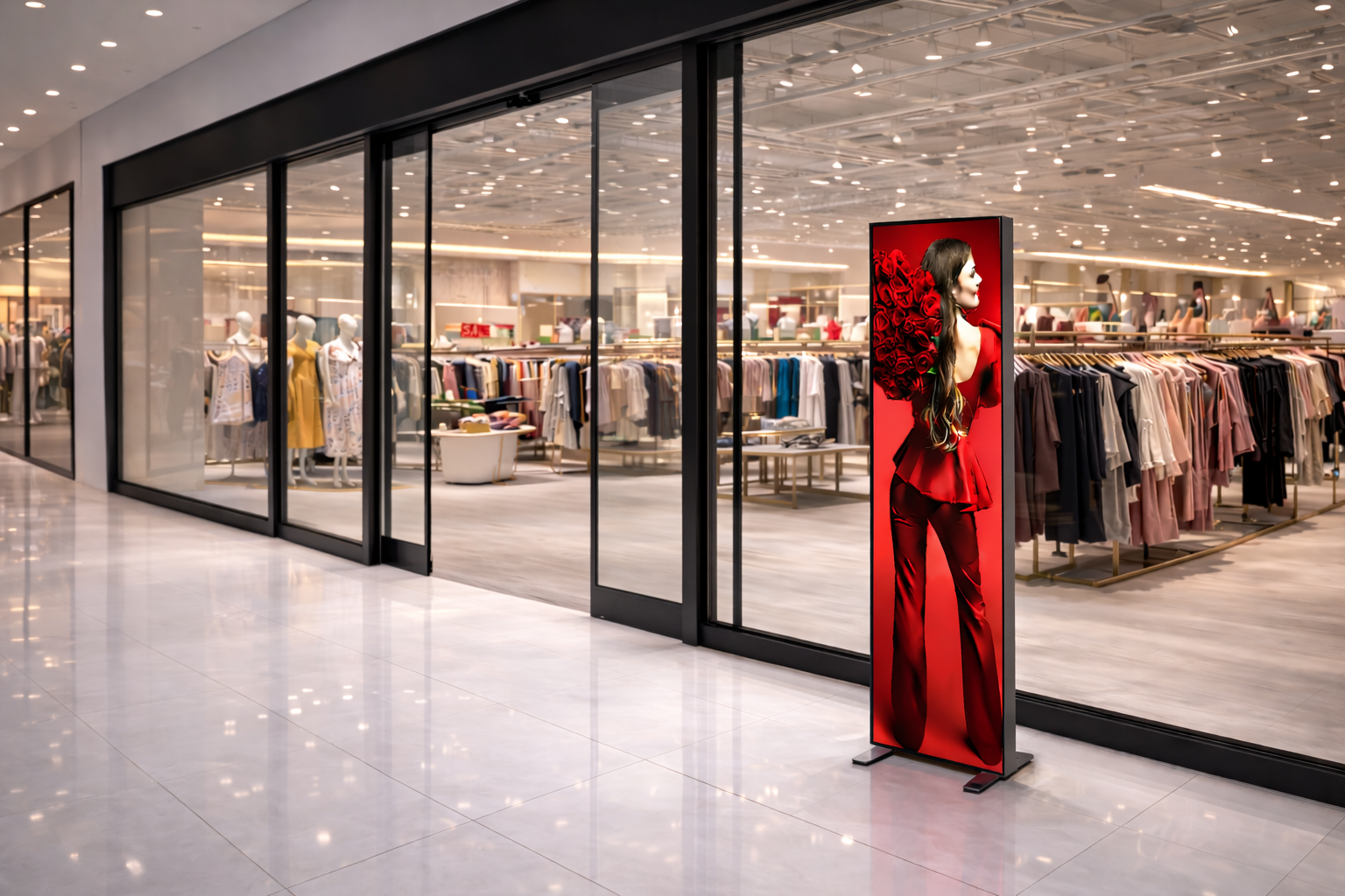 FAB80 one-sided fabric sign displayed outside a clothing store, featuring an image of a model, and standing independently with a dedicated foot stand.