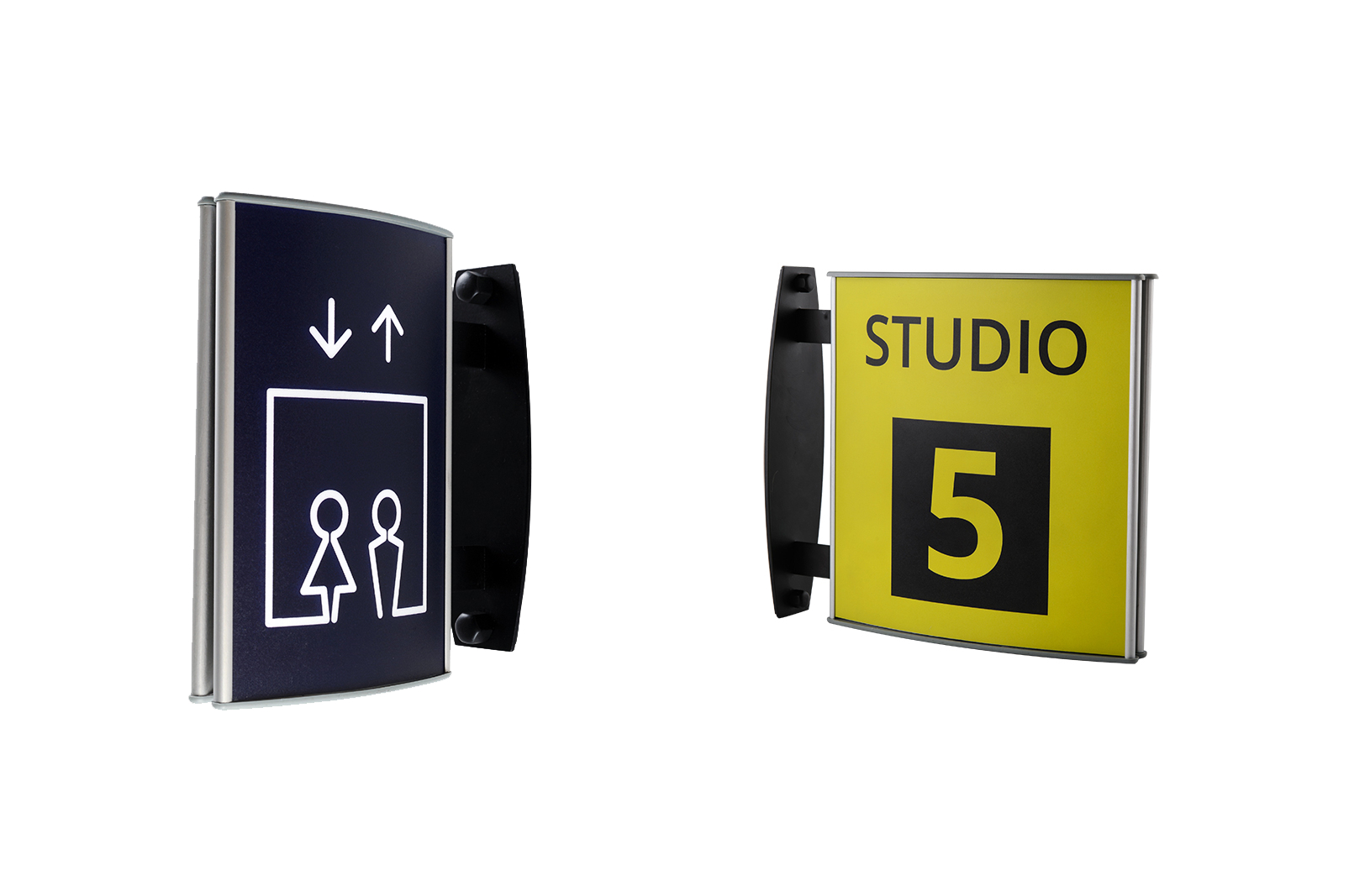 Modern lobby signage system with identification and directional elements